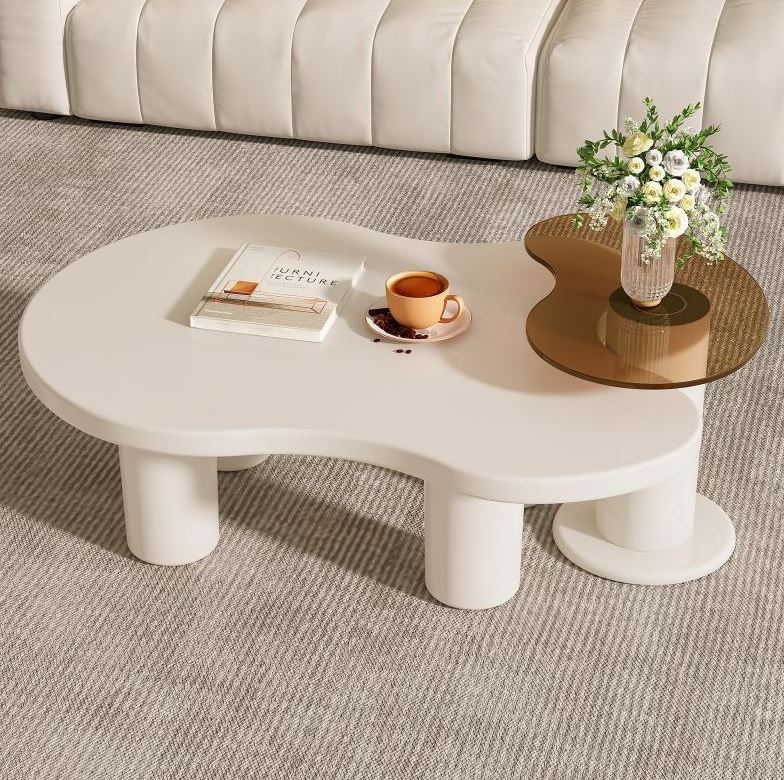 (New Open Box) Guyii Nesting Coffee Table Set of 2, Tempered Glass Side Table & Cloud Coffee Table (DS0039)