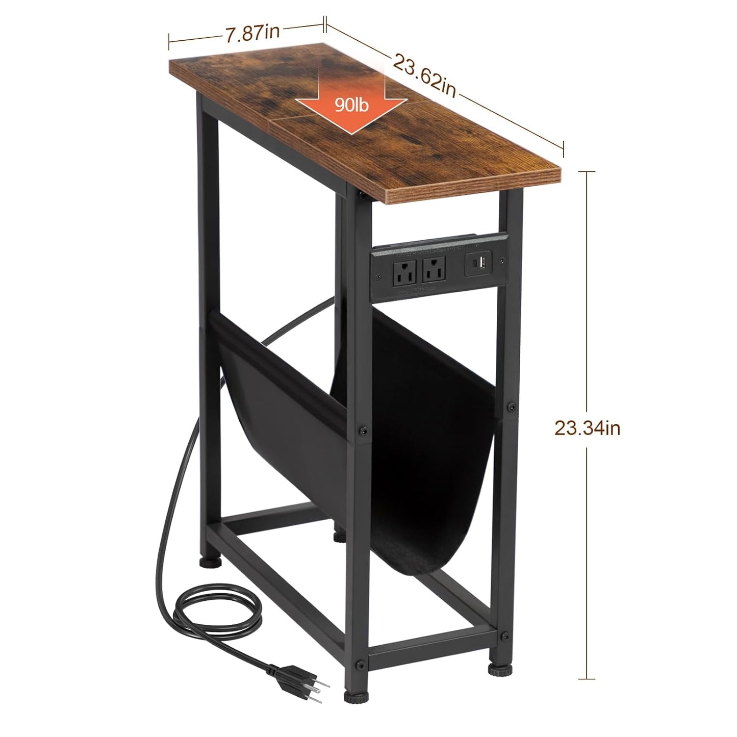 (New Open Box) Narrow Side Table Set of 2, Slim End Table with Charging Station with Magazine Holder (DS0032)