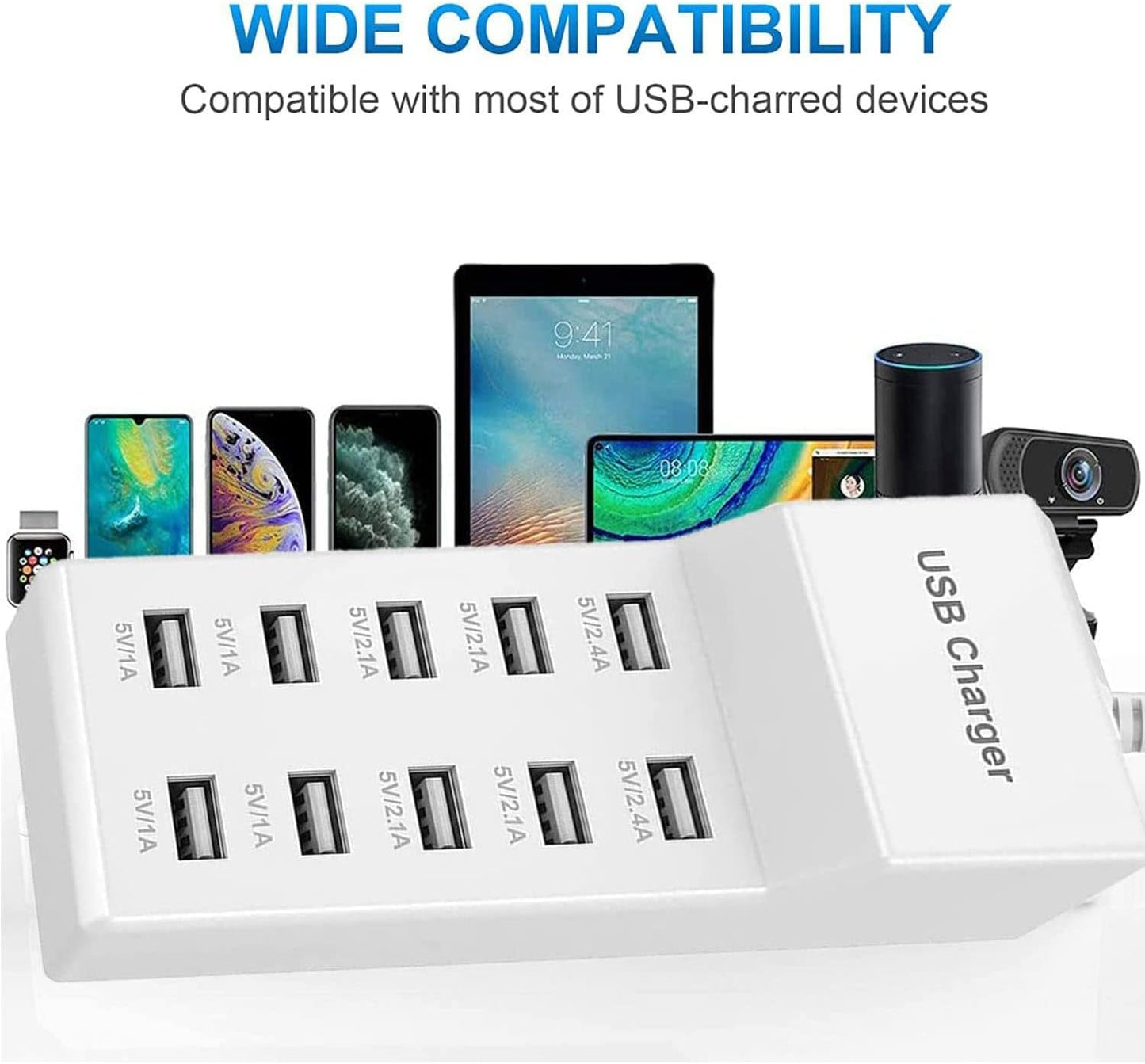 USB Charger Station 10 Port, 50W Desktop Multi Port USB Charger Hub,10 Port USB Charger for Multi Devices,Compatible with iPhone/iPad/Samsung/Huawei/LG/Google Pixel/Tablet/Other Devices.