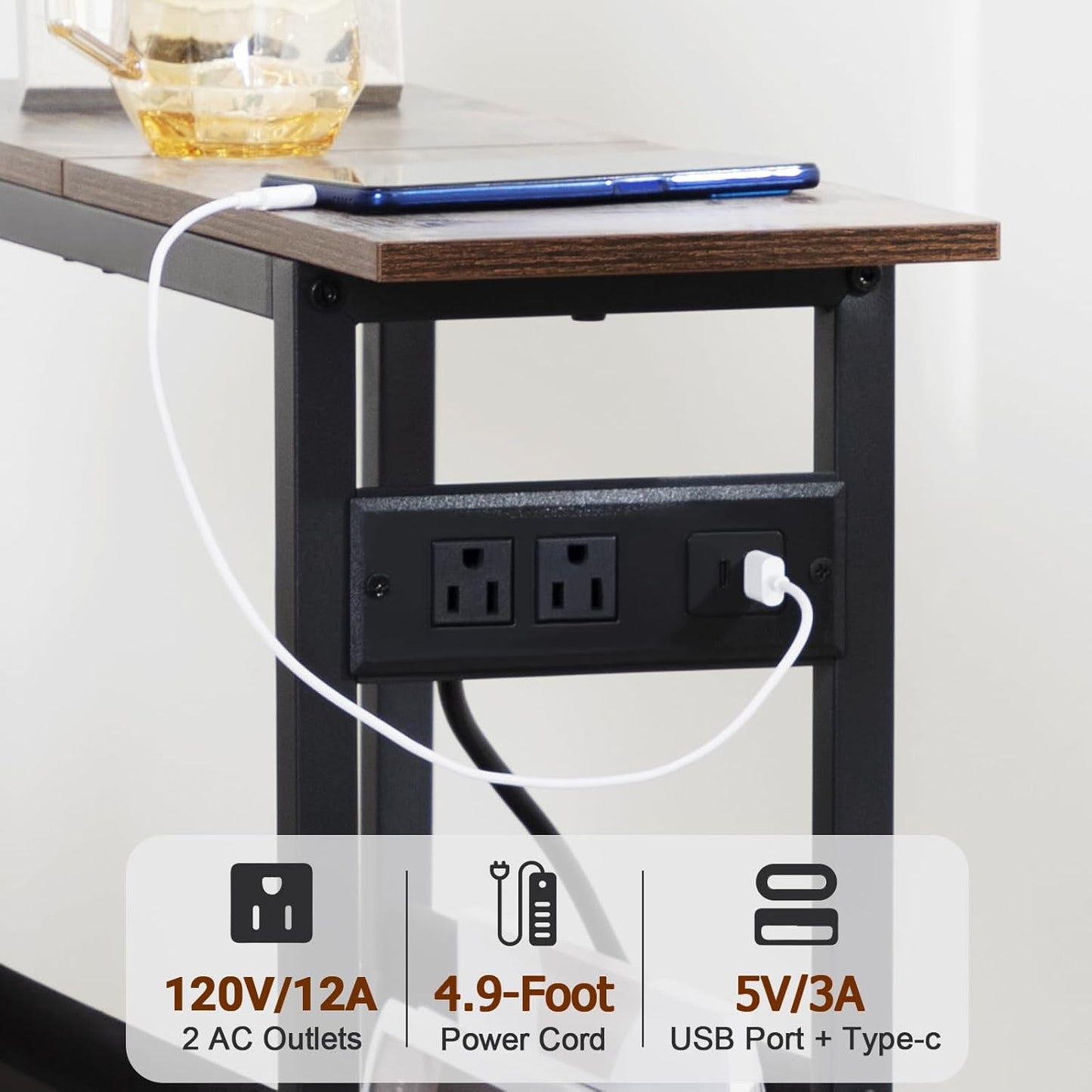 (New Open Box) Narrow Side Table Set of 2, Slim End Table with Charging Station with Magazine Holder (DS0032)