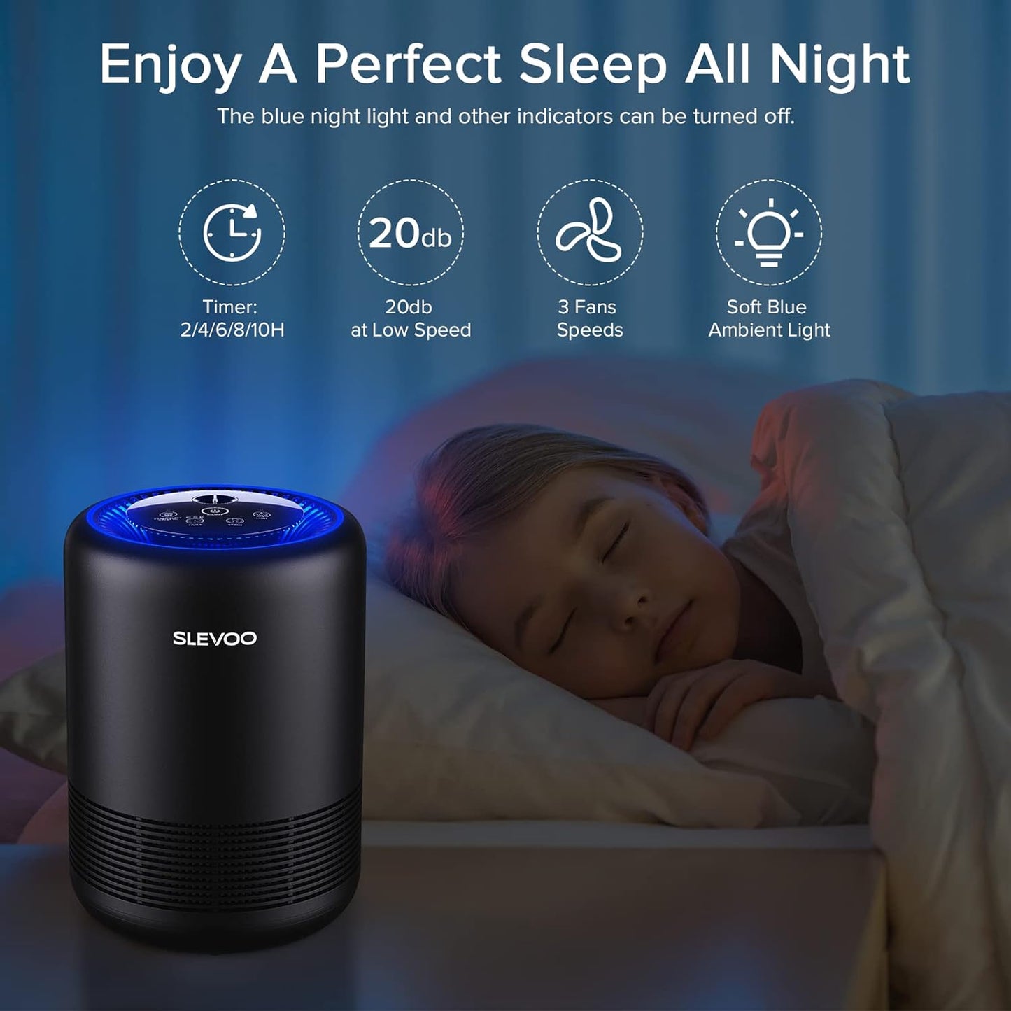 (Open box) Sleevo Air Purifiers for Bedroom Pets Smokers in Home, H13 True HEPA Filter Air Cleaner with Fragrance Sponge, Night Light, Timer, Effectively Clean 99.97% Smoke, Dust, Pollen, Pet Dander, Odors, BS-01 Black