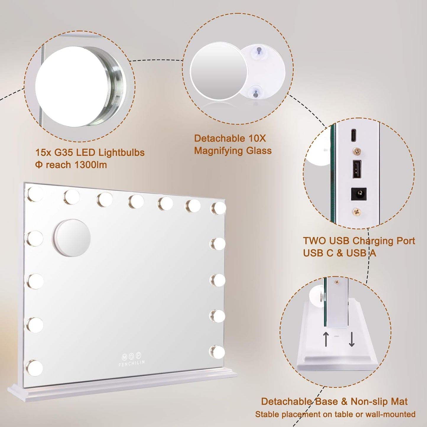 (New Open Box) FENCHILIN Vanity Mirror with Lights, Hollywood Lighted Makeup Mirror with 15 Dimmable LED Bulbs for Dressing Room & Bedroom, Slim Metal Frame Design, White
