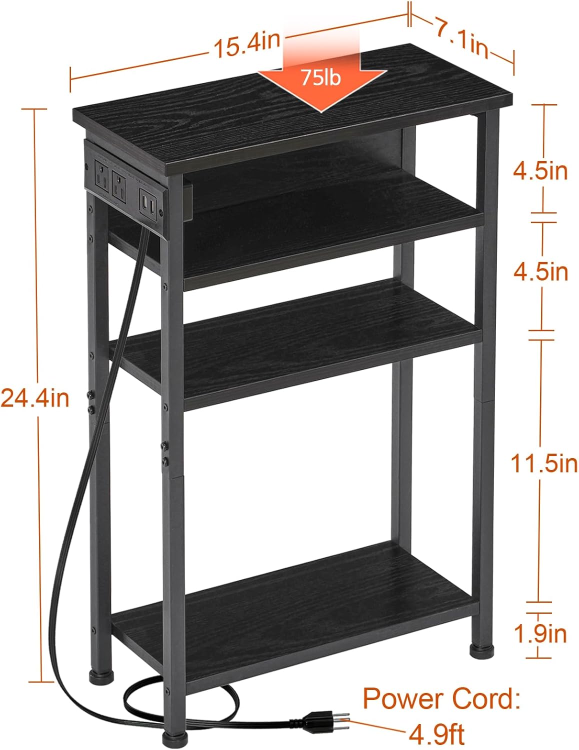 (New Open Box) Narrow Side Table with Charging Station, Set of 2, End Table for Small Spaces, HETN04BK (DS0036)