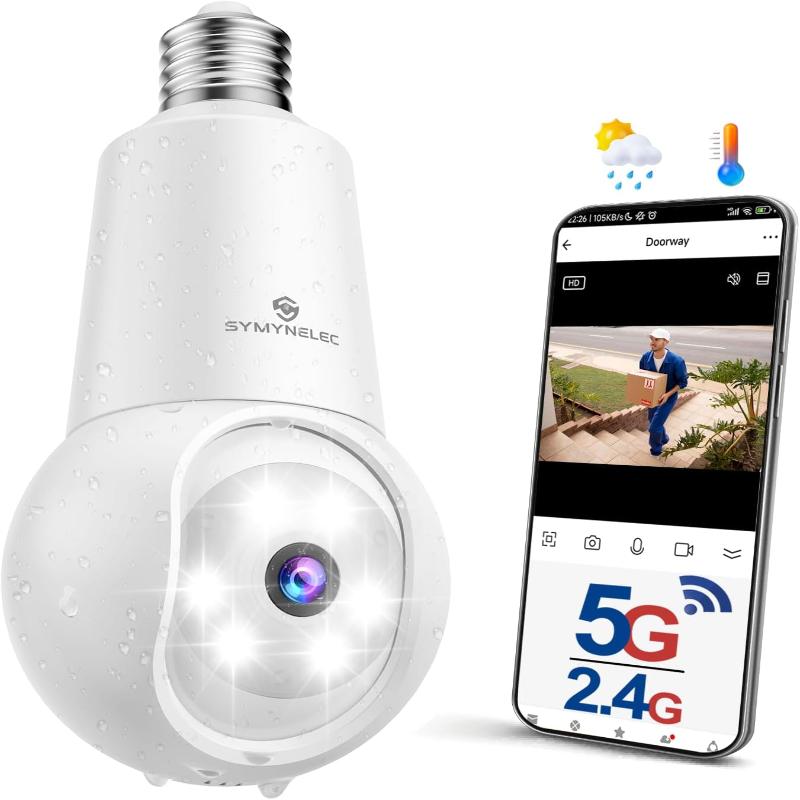 (Brand New) SYMYNELEC 2K 5GHz/2.4GHz Light Bulb Security Camera Outdoor, Dual-Band WiFi Light Socket Camera