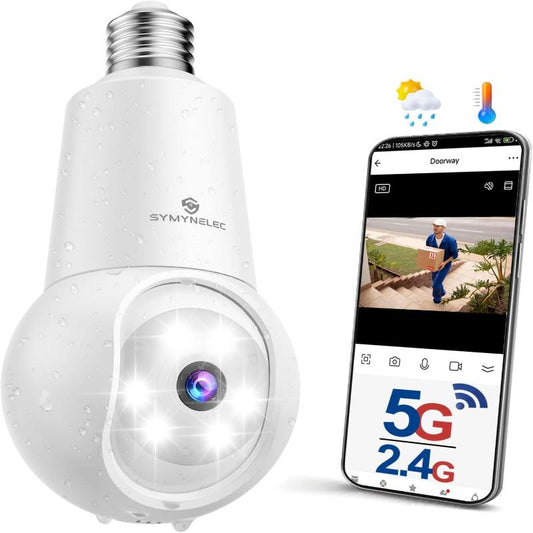 (Brand New) SYMYNELEC 2K 5GHz/2.4GHz Light Bulb Security Camera Outdoor, Dual-Band WiFi Light Socket Camera