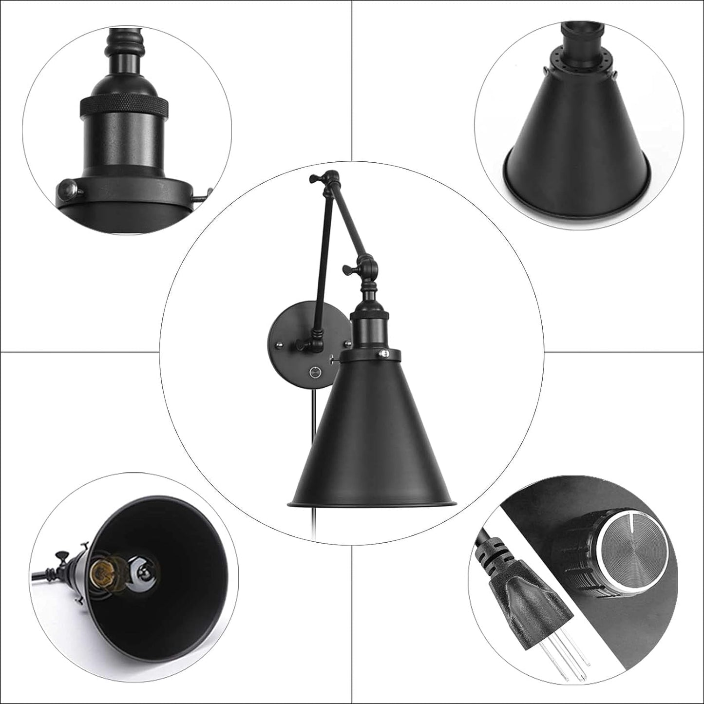 Industrial Wall Lamp Light Black Paint Finish Plug in Adjustable Arms with On/Off Switch for Bedroom Wall Sconce Fixture Metal Plug-in Wall Lamp (2-Lights)