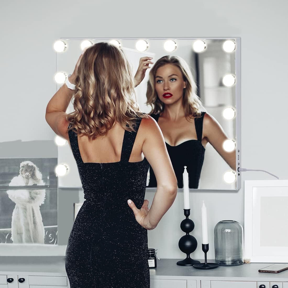 (New Open Box) FENCHILIN Vanity Mirror with Lights, Hollywood Lighted Makeup Mirror with 15 Dimmable LED Bulbs for Dressing Room & Bedroom, Slim Metal Frame Design, White