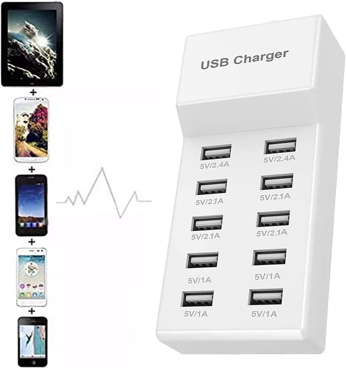 USB Charger Station 10 Port, 50W Desktop Multi Port USB Charger Hub,10 Port USB Charger for Multi Devices,Compatible with iPhone/iPad/Samsung/Huawei/LG/Google Pixel/Tablet/Other Devices.