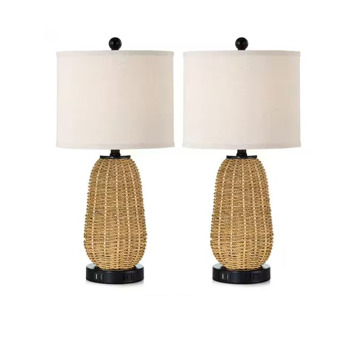 (New Open Box) 22.8-in Rattan Table Lamp Set of 2 | Wood Color • USB Ports • AC Outlet | TD-131