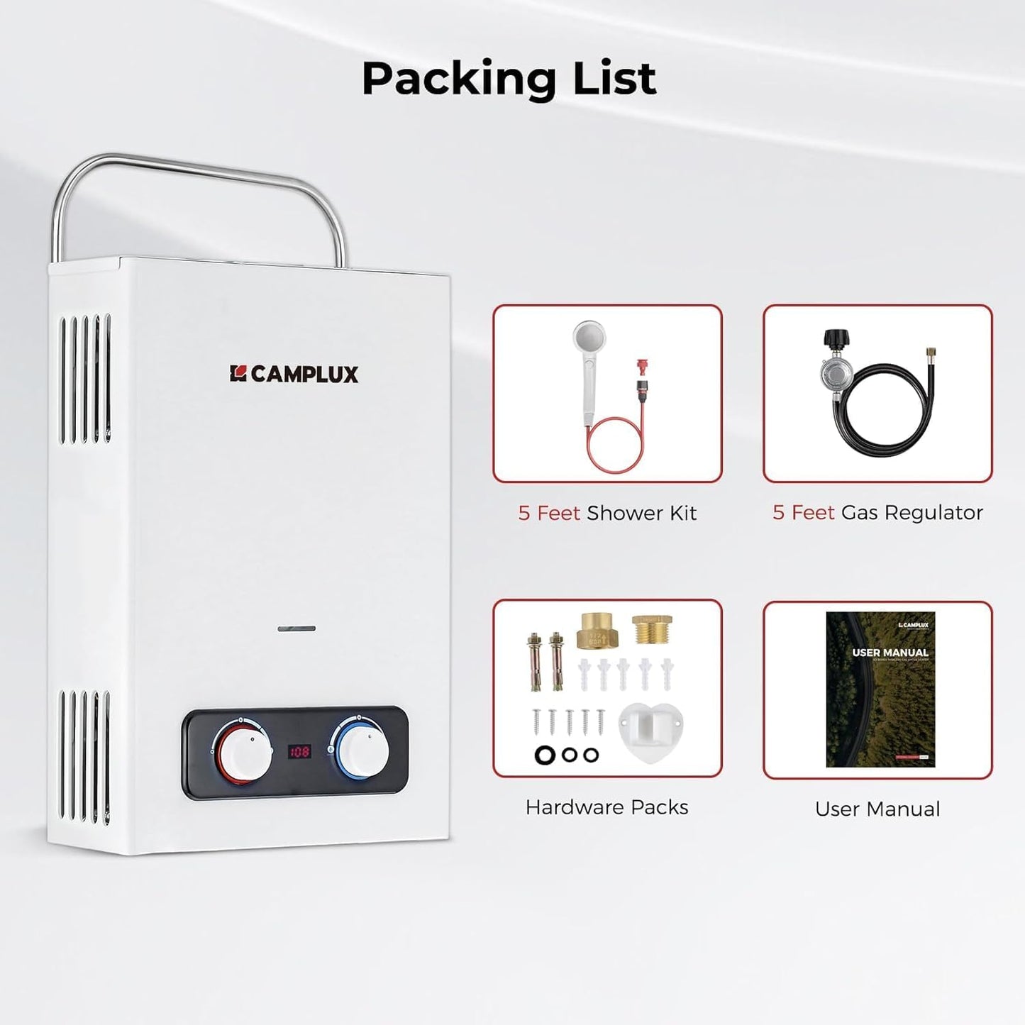 (New Open Box) CAMPLUX Portable Tankless Water Heater 6L, Easy Install Outdoor Propane Gas Water Heater,White