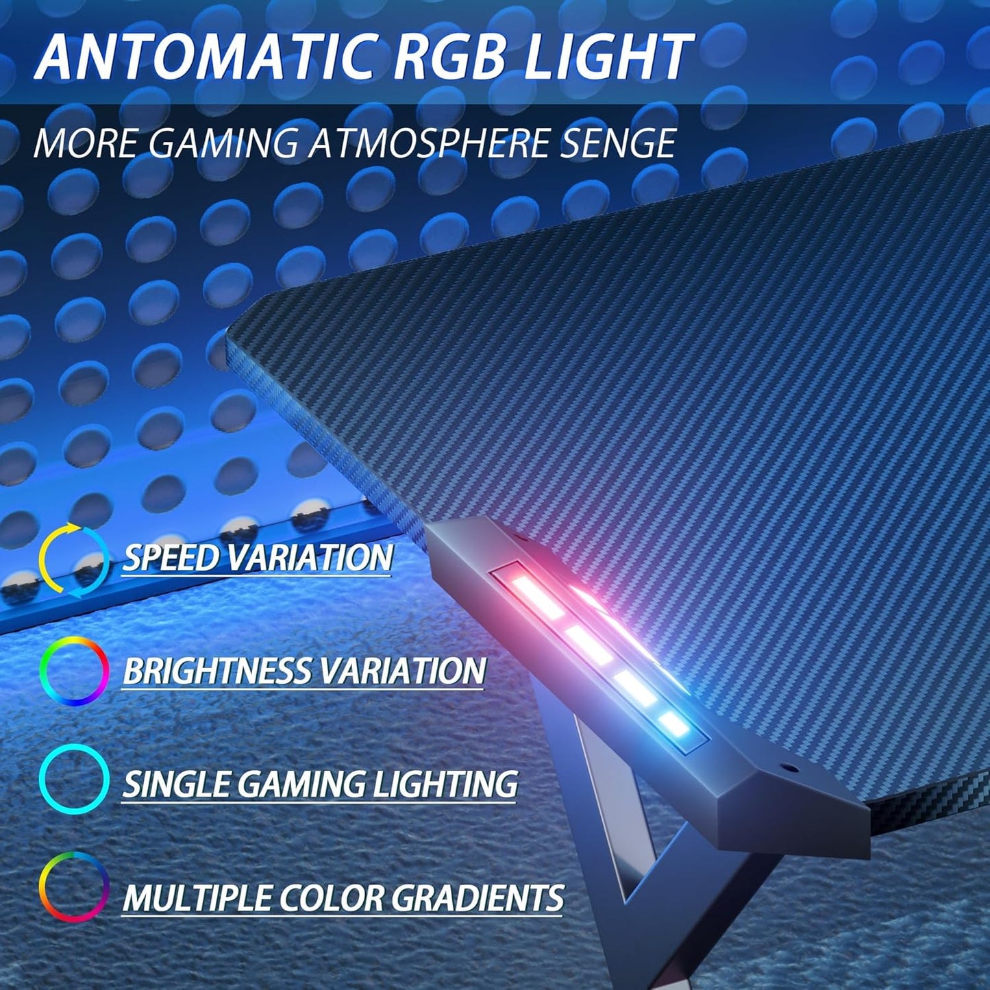 (New Open Box) HLDIRECT 47 Inch Gaming Desk with LED Lights, Home Office Gamer Desk, Ergonomic Computer Desk with Large Carbon Fiber Desktop, Computer Table with Cup Holder & Headphone Hook for Home Office