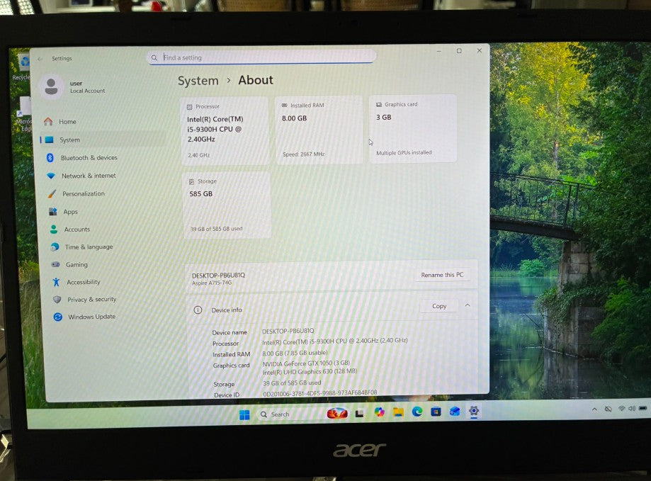 (Excellent) Acer Aspire A715-74Gseries | Intel Core i5-9300H • GTX 1050 3GB • 8GB RAM • 512GB SSD