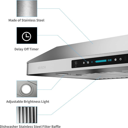 (New Open Box) IKTCH 30 Inch Under Cabinet Range Hood with 900-CFM, 4 Speed Gesture (IKC01-30)