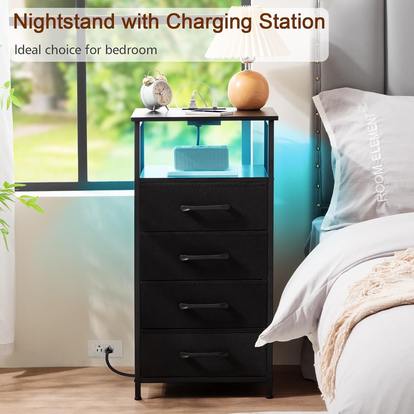 (New Open Box) LOAKEKEL Night Stand Set 2, LED Nightstand with Charging Station, HNS014BK (DS0061)