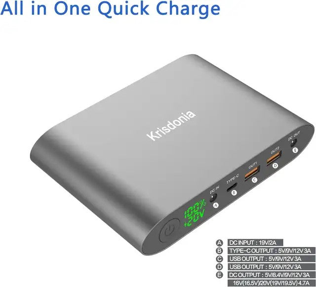 (Good) Krisdonia Laptop Power Bank 25000mAh/92.5Wh Quick Charge 3.0 Por