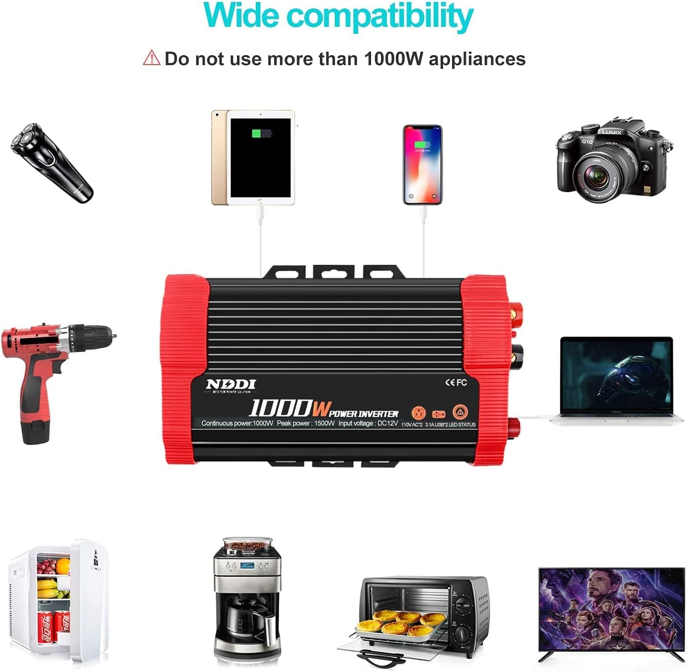 Refurbished (Good) 500W/1000W Power Inverter 12V DC to 110V AC Converter with Dual AC Outlets, 2.1A USB Charging