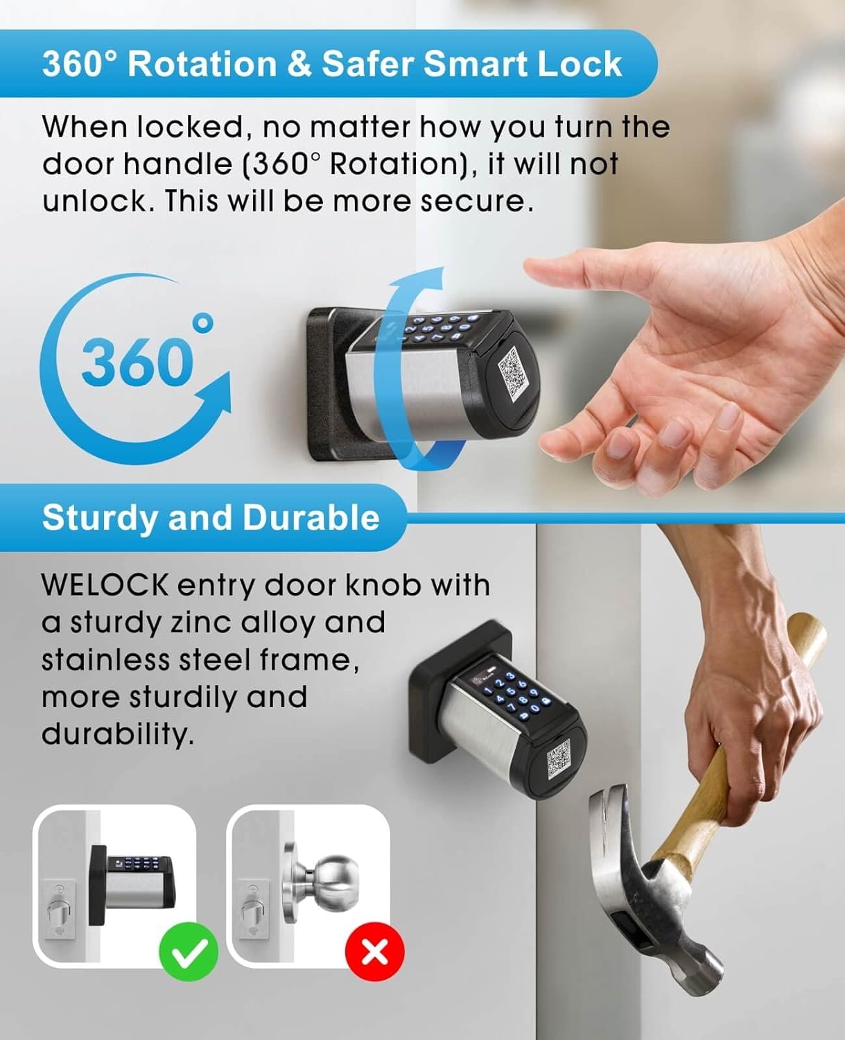 Welock WiFi Smart Lock with Keypad PCB32  Safer Keyless Entry Smart Door Lock, Smart Bluetooth Door Knob with Keypad APP Control IC Card Mechanical Key Easy to Install for Apartments Homes Bedroom Garage and Offices (Black)