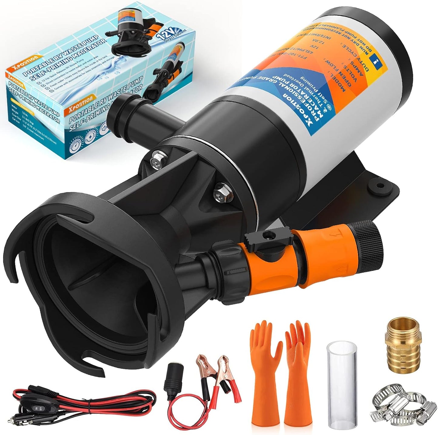 XPORTION 12V RV Macerator Pump, Portable RV Sewage Macerator Pump 45LPM,RV Sewer Pump for RV Waste Water Dumping, Macerator Pump for RV with All Fittings