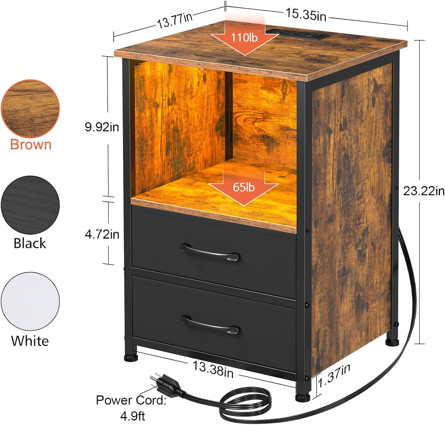 (New Open Box) Night Stand, Nightstand with Charging Station, Small End Table HNS032BR