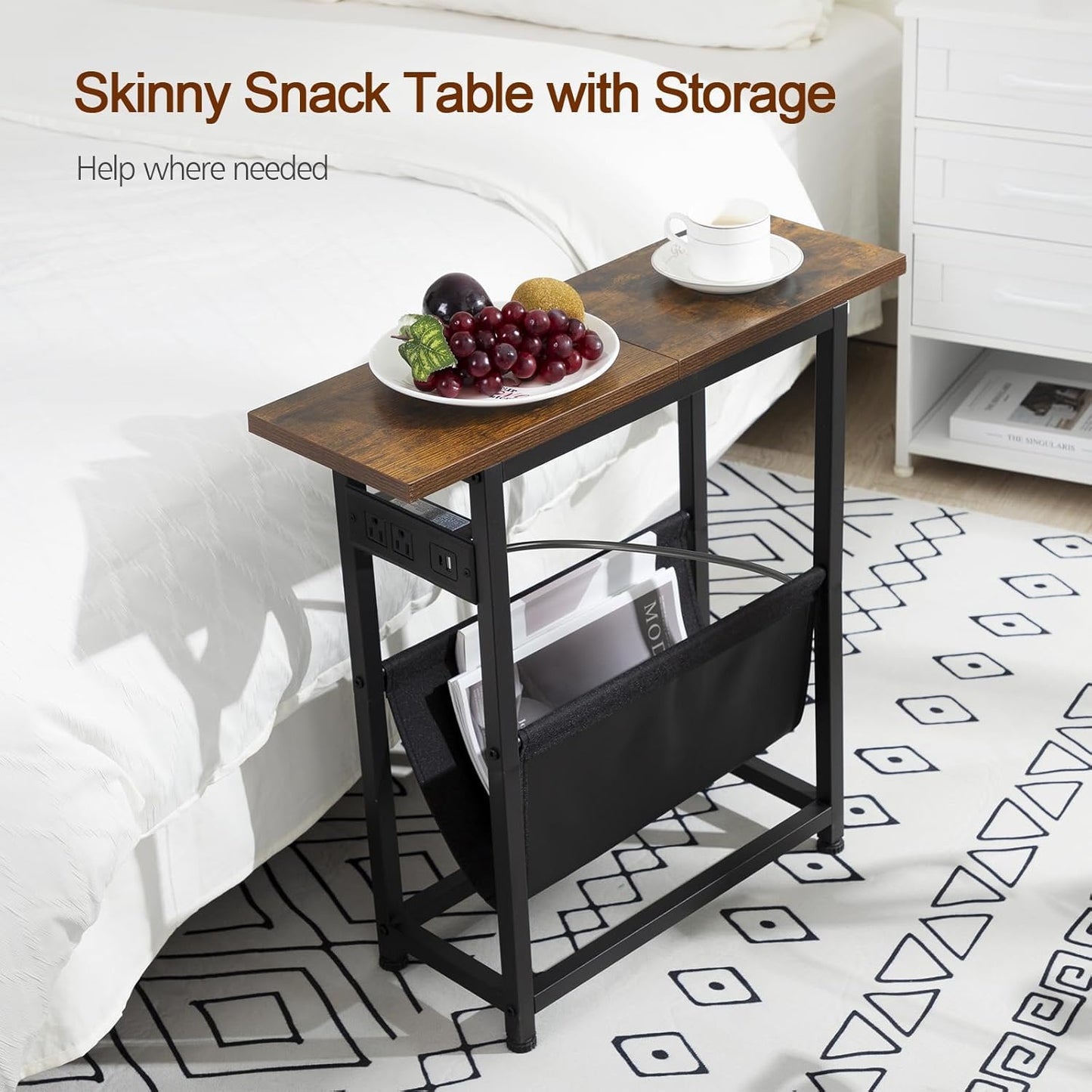 (New Open Box) Narrow Side Table Set of 2, Slim End Table with Charging Station with Magazine Holder (DS0032)