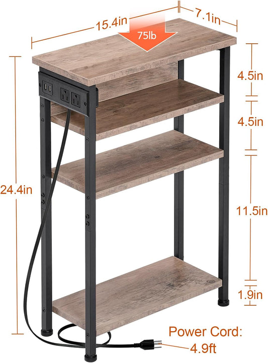 (New Open Box) AMHANCIBLE Narrow Side Table with Charging Station, Skinny End Tables-HETN04GY