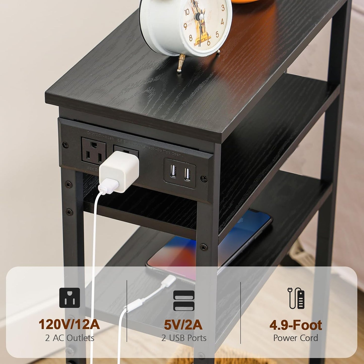 (New Open Box) Narrow Side Table with Charging Station, Set of 2, End Table for Small Spaces, HETN04BK (DS0036)