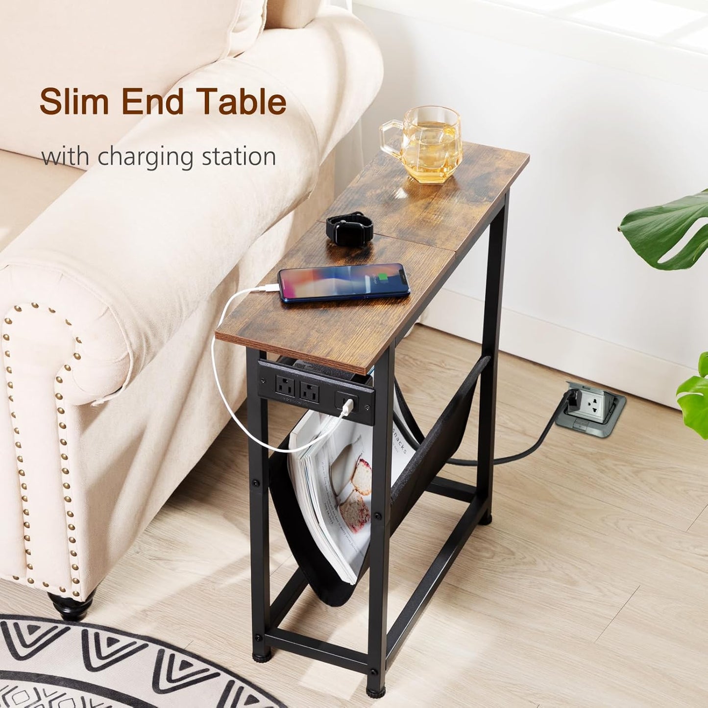 (New Open Box) Narrow Side Table Set of 2, Slim End Table with Charging Station with Magazine Holder (DS0032)
