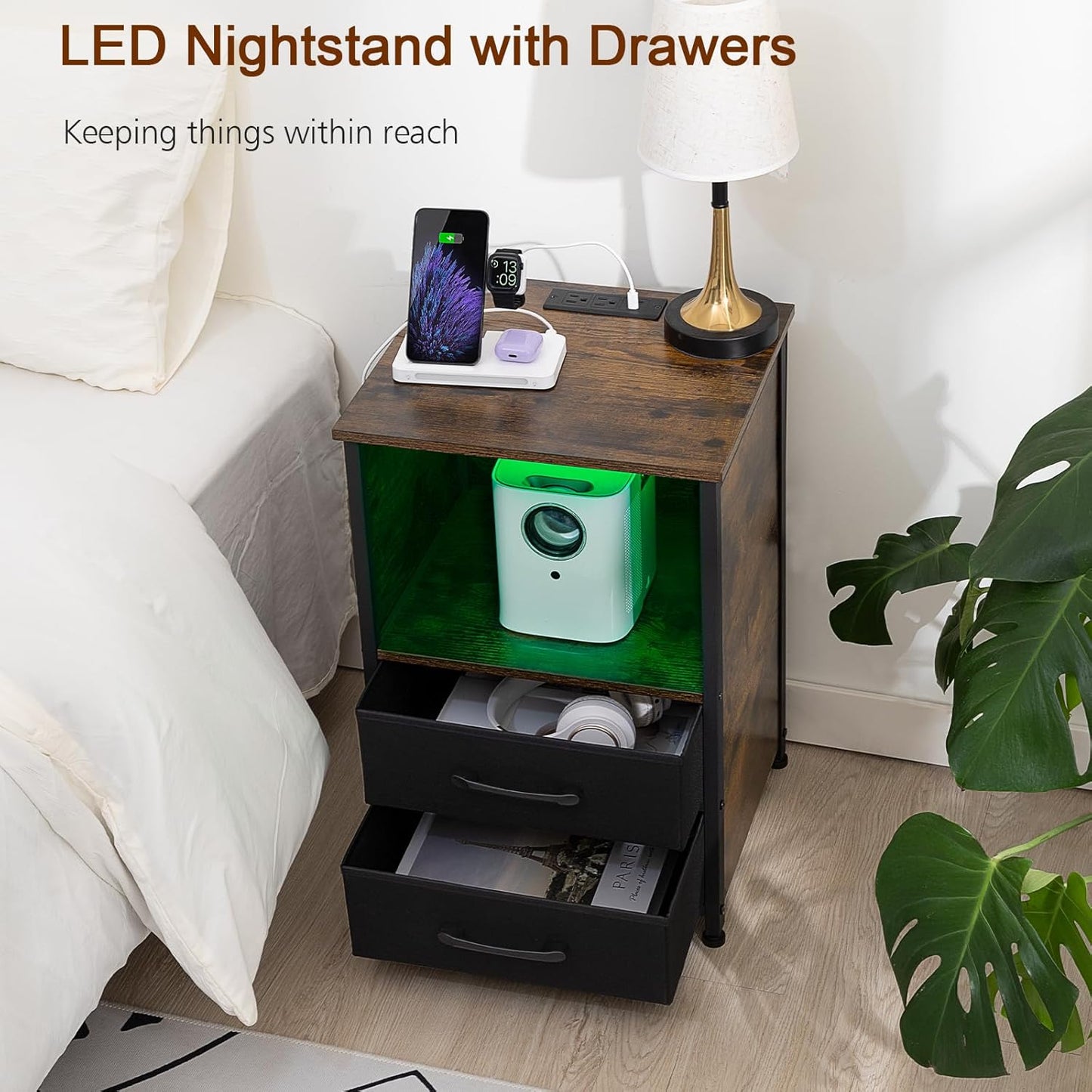 (New Open Box) Night Stand, Nightstand with Charging Station, Small End Table HNS032BR