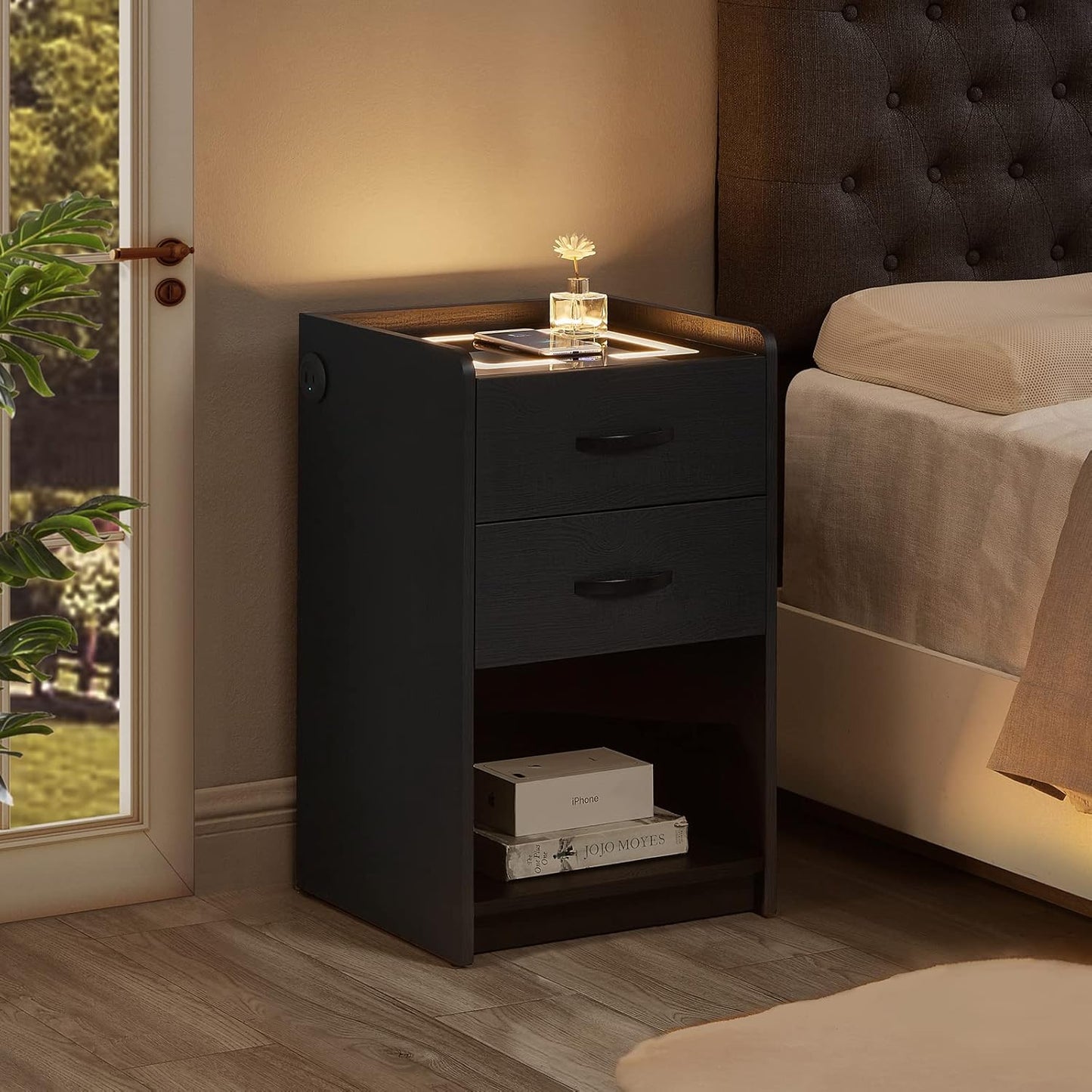 (Brand New) OLD CAPTAIN Nightstand with Wireless Charging Station,Modern Side Table with Drawers and Open Storage Shelf for Bedrooms