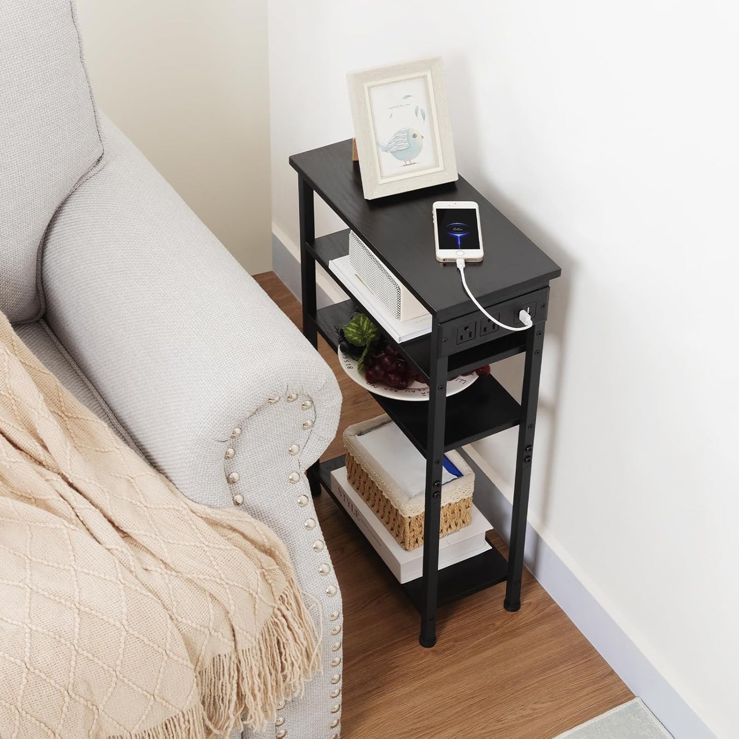 (New Open Box) Narrow Side Table with Charging Station, Set of 2, End Table for Small Spaces, HETN04BK (DS0036)