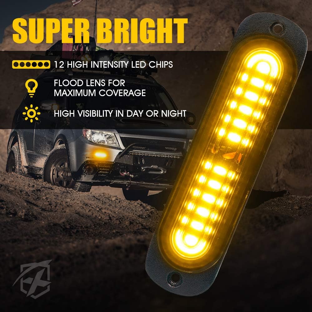 Xprite Amber 12 LED Surface Mount Strobe Lights Kit, Grill Grille Side Marker Light Flashing Emergency Warning Light Assemblies w/Control Box for Trucks Vehicles ATV RV Cars Van 8PCS