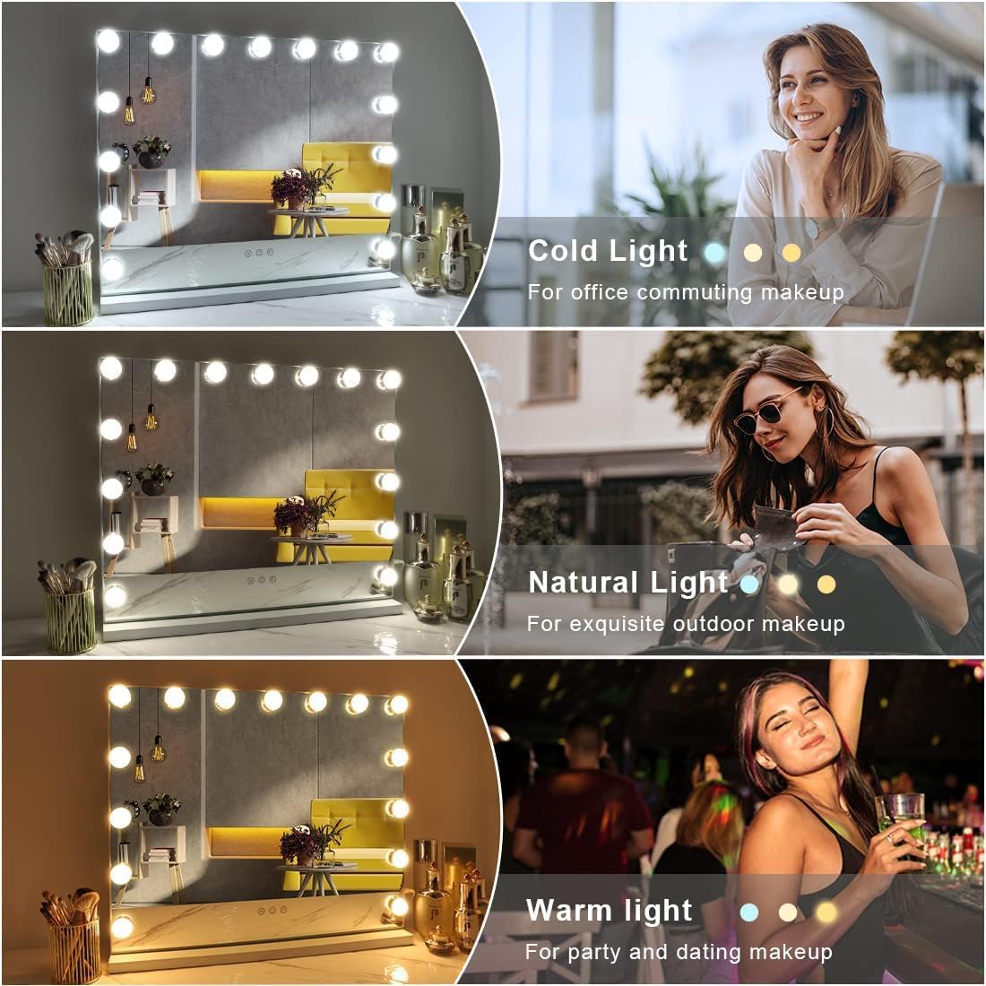 (New Open Box) FENCHILIN Vanity Mirror with Lights, Hollywood Lighted Makeup Mirror with 15 Dimmable LED Bulbs for Dressing Room & Bedroom, Slim Metal Frame Design, White