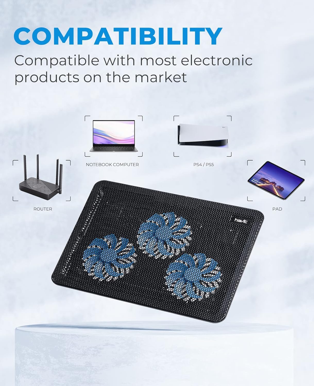 (Excellent) havit Laptop Cooling Pad, HV-F2056 15.6-17'' Slim Portable USB Powered (3 Fans)