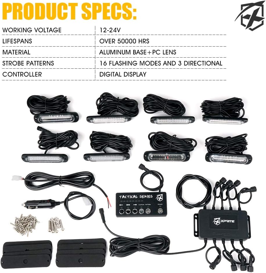 Xprite Amber 12 LED Surface Mount Strobe Lights Kit, Grill Grille Side Marker Light Flashing Emergency Warning Light Assemblies w/Control Box for Trucks Vehicles ATV RV Cars Van 8PCS