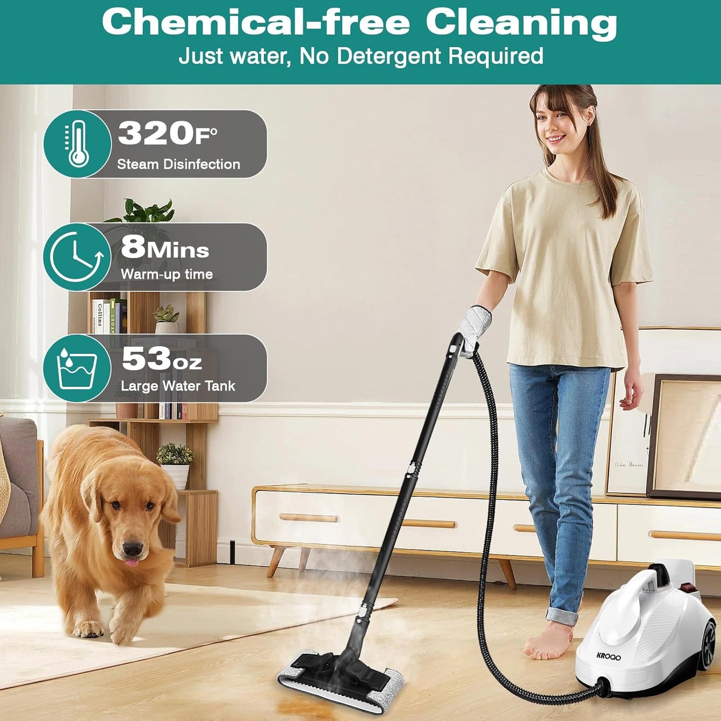 (Brand New) KROQO Steam Cleaner, Steam Mop with 23 Accessories, Powerful Multipurpose Portable Steamer for Cleaning to Remove Grime, Grease, for Multi-Purpose and Multi-Surface Floors, 16.4ft Power Cord