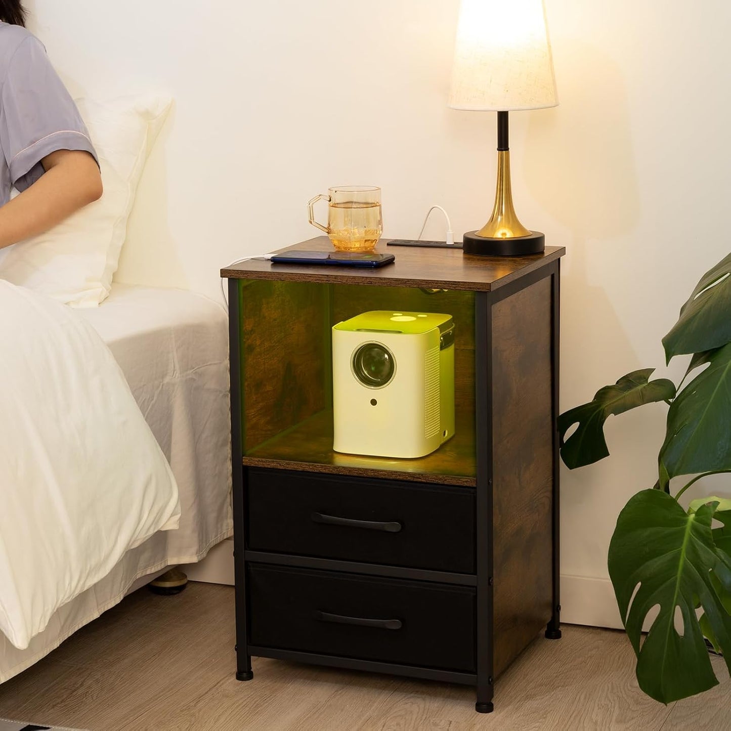 (New Open Box) Night Stand, Nightstand with Charging Station, Small End Table HNS032BR