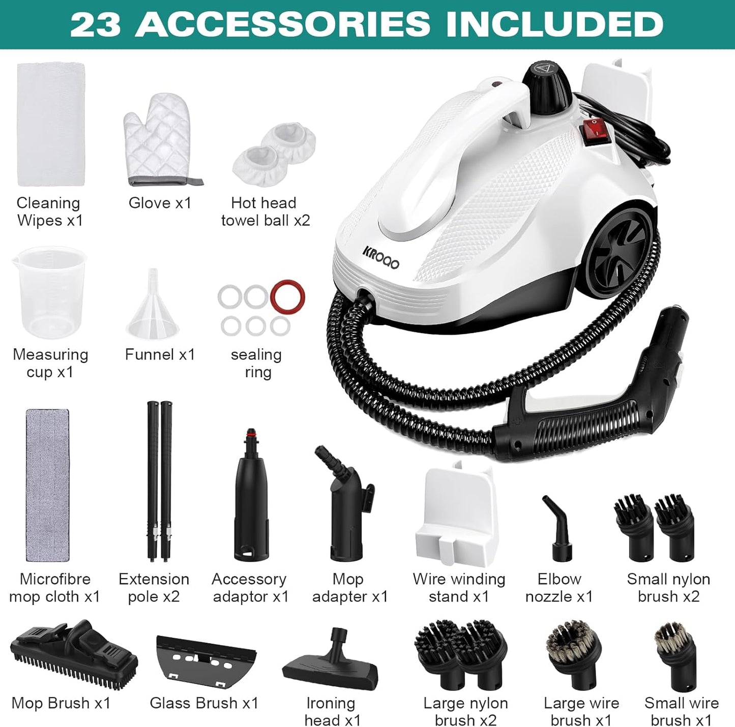 (Brand New) KROQO Steam Cleaner, Steam Mop with 23 Accessories, Powerful Multipurpose Portable Steamer for Cleaning to Remove Grime, Grease, for Multi-Purpose and Multi-Surface Floors, 16.4ft Power Cord