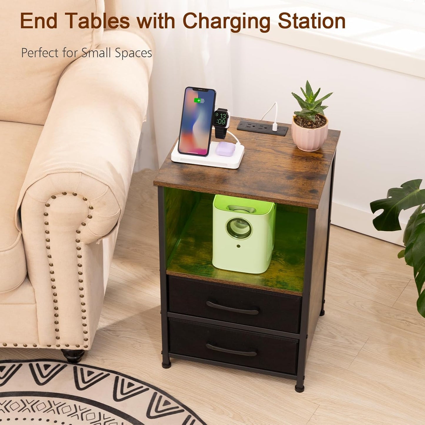 (New Open Box) Night Stand, Nightstand with Charging Station, Small End Table HNS032BR