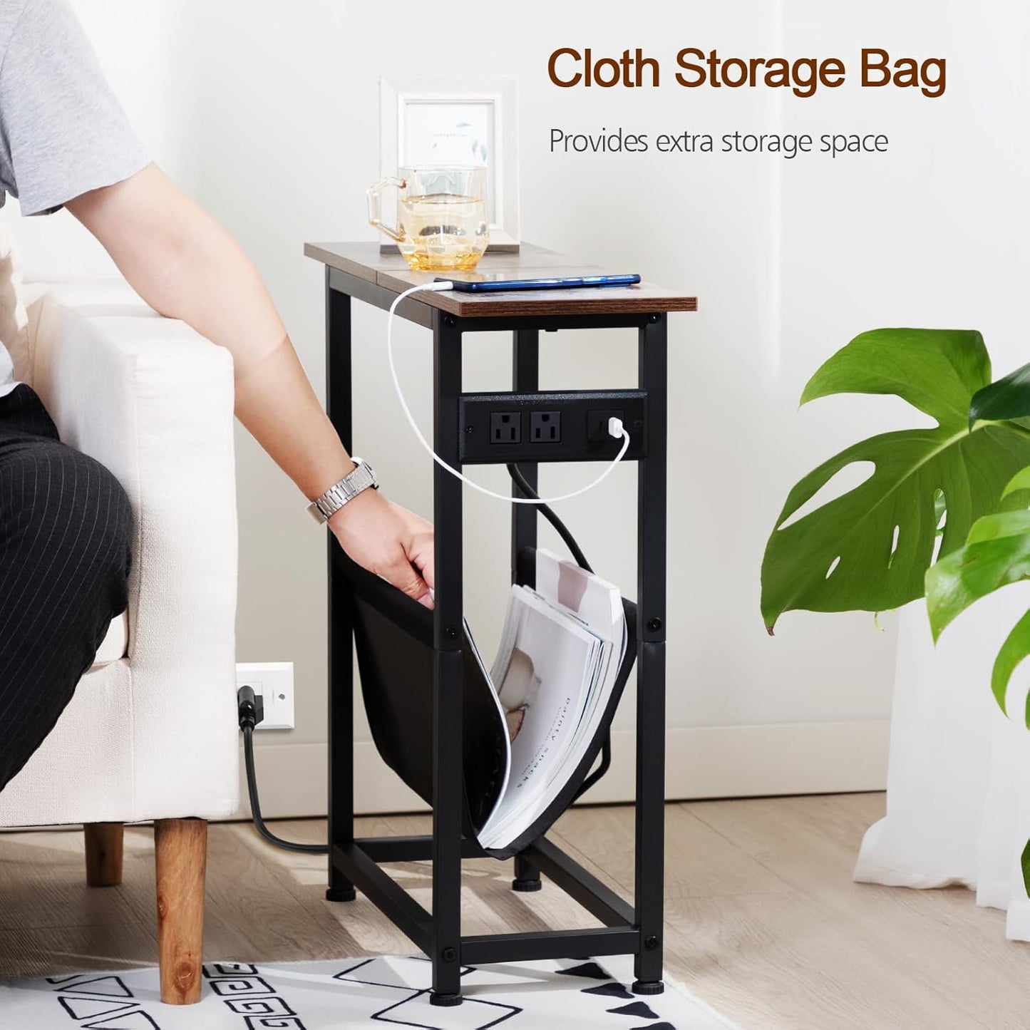 (New Open Box) Narrow Side Table Set of 2, Slim End Table with Charging Station with Magazine Holder (DS0032)