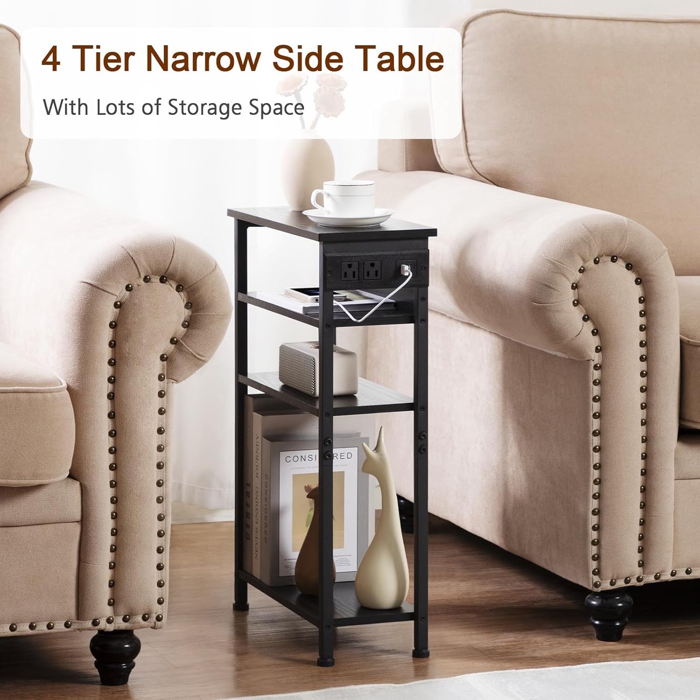 (New Open Box) Narrow Side Table with Charging Station, Set of 2, End Table for Small Spaces, HETN04BK (DS0036)