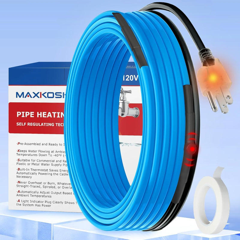 (Excellent) MAXKOSKO Pipe Heat Cable (30FT) for Pipe Freeze Protection, Self-Regulating Heat Trace Cable