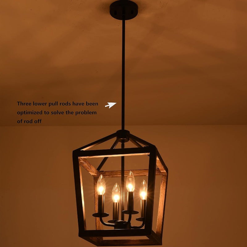 MOOK 4-bulb Chandelier Rustic Metal Pendant Light, Adjustable Height with Wood Finish