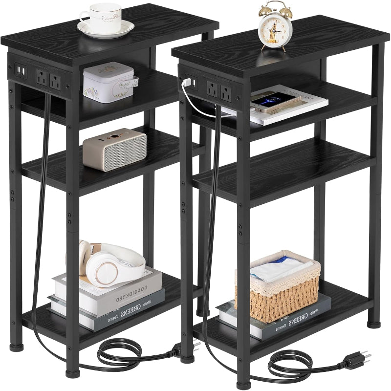 (New Open Box) Narrow Side Table with Charging Station, Set of 2, End Table for Small Spaces, HETN04BK (DS0036)