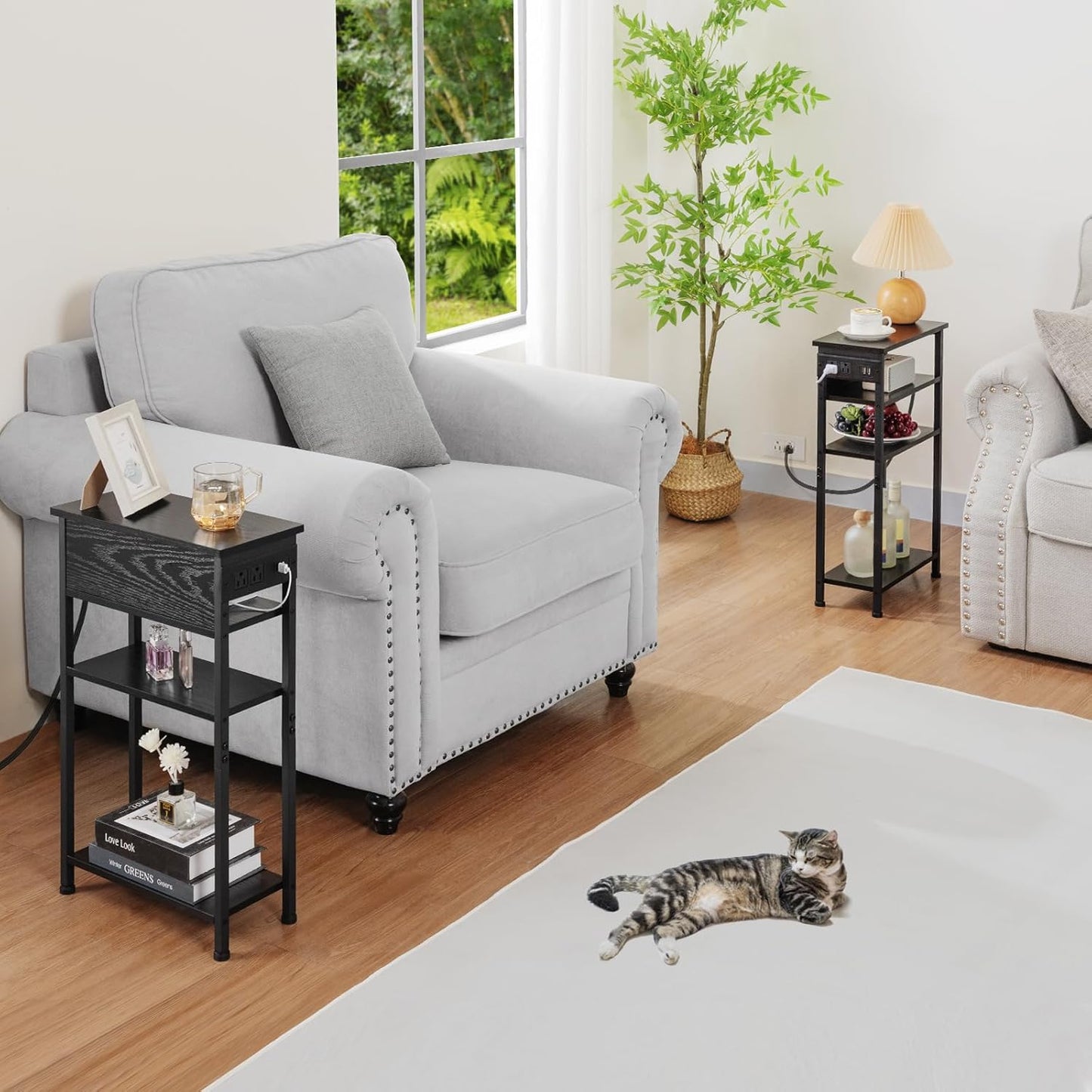 (New Open Box) Narrow Side Table with Charging Station, Set of 2, End Table for Small Spaces, HETN04BK (DS0036)