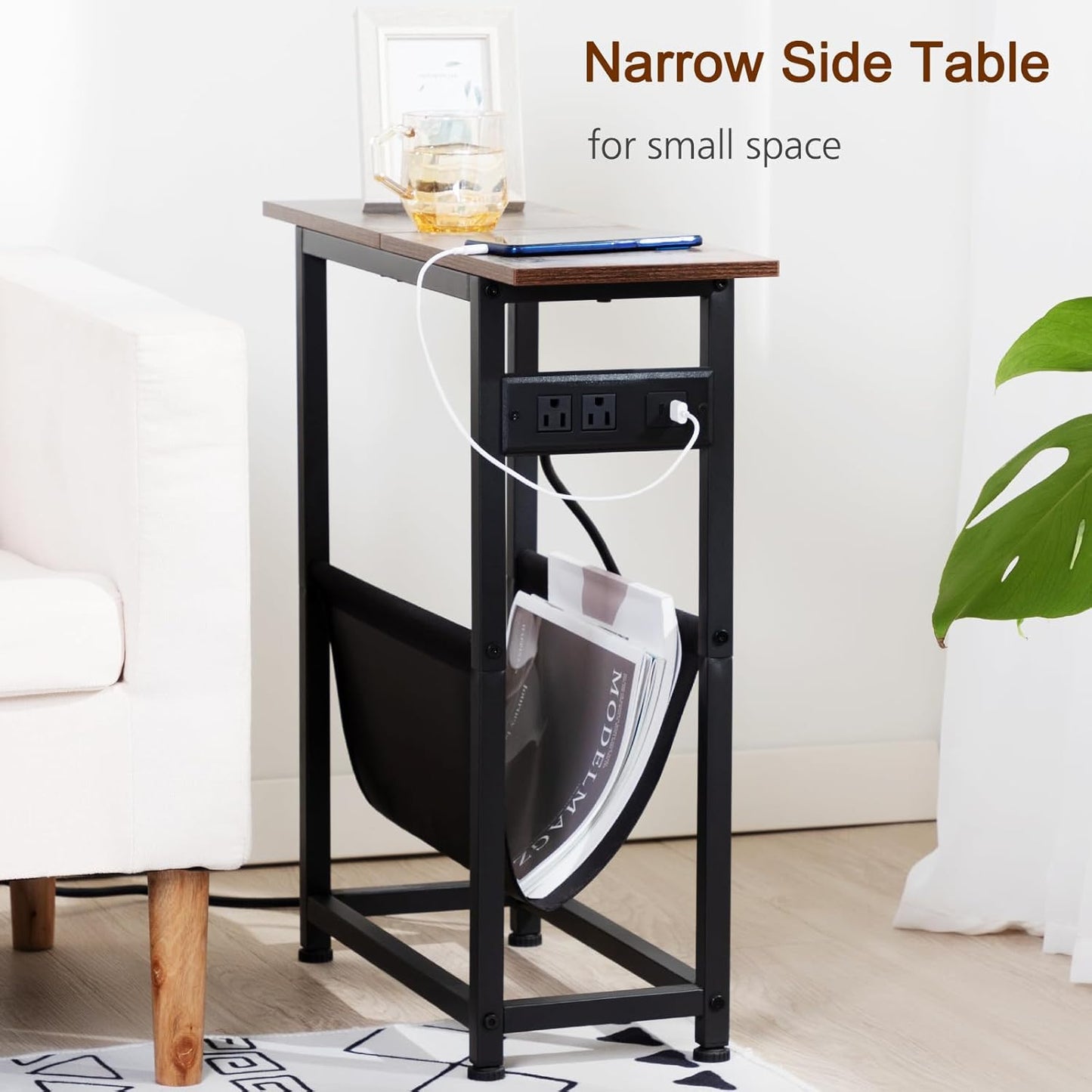 (New Open Box) Narrow Side Table Set of 2, Slim End Table with Charging Station with Magazine Holder (DS0032)
