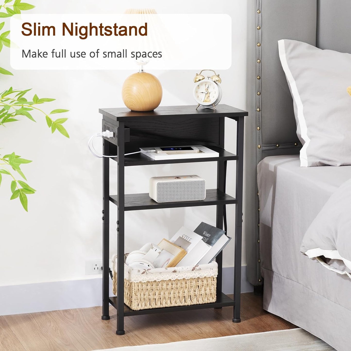 (New Open Box) Narrow Side Table with Charging Station, Set of 2, End Table for Small Spaces, HETN04BK (DS0036)