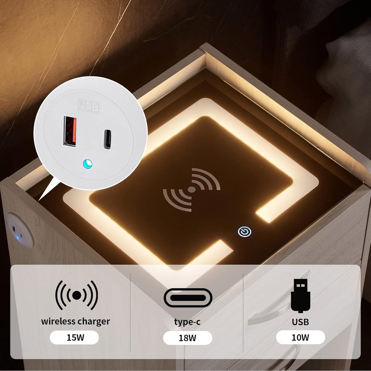 (Brand New) OLD CAPTAIN Nightstand with Wireless Charging Station,Modern Side Table with Drawers and Open Storage Shelf for Bedrooms