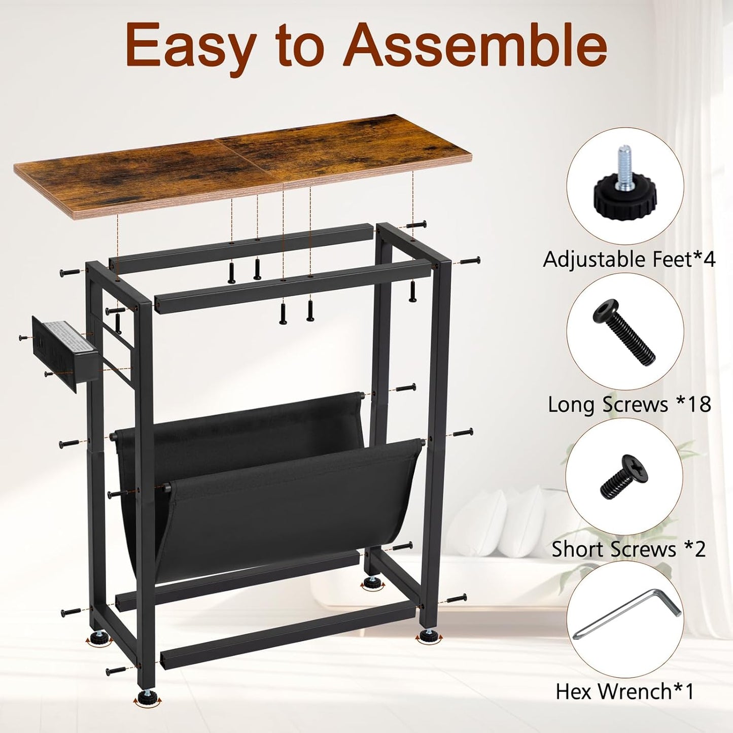 (New Open Box) Narrow Side Table Set of 2, Slim End Table with Charging Station with Magazine Holder (DS0032)