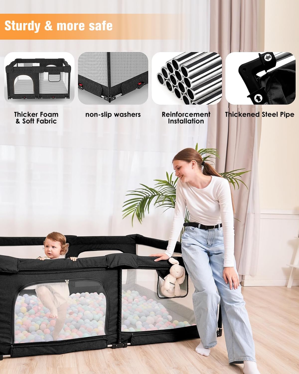 (Excellent) dearlomum Foldable Baby Playpen,Collapsible Playpen for Babies and Toddlers (Black 51"×51")