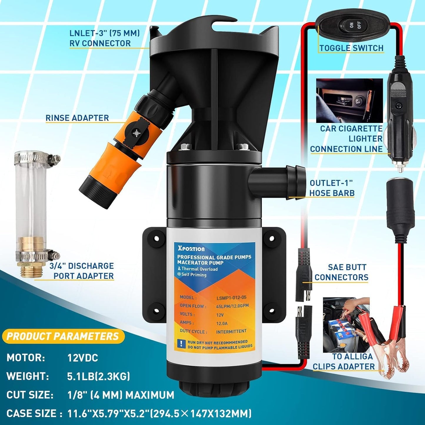 XPORTION 12V RV Macerator Pump, Portable RV Sewage Macerator Pump 45LPM,RV Sewer Pump for RV Waste Water Dumping, Macerator Pump for RV with All Fittings